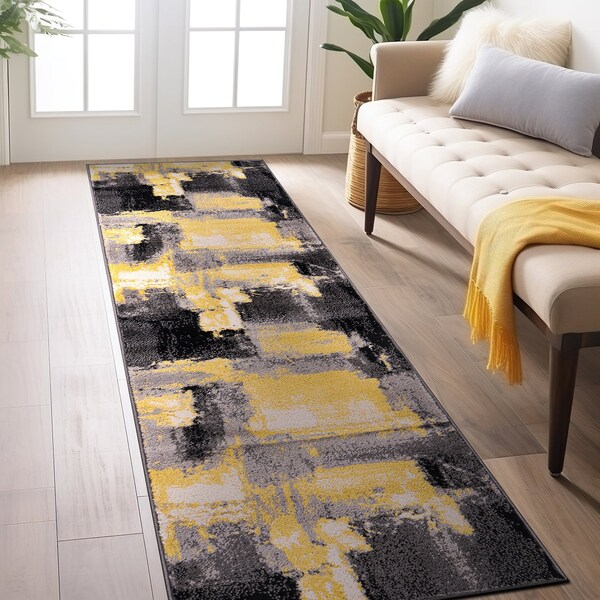 World Rug Gallery Contemporary Abstract Watercolor Design Soft Area Rug 2' x 7' Yellow 398YELLOW2x7 - main